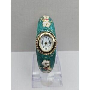 Floral Cloisonne Style Hinged Bangle Watch Green Enamel Gold Tone New Battery